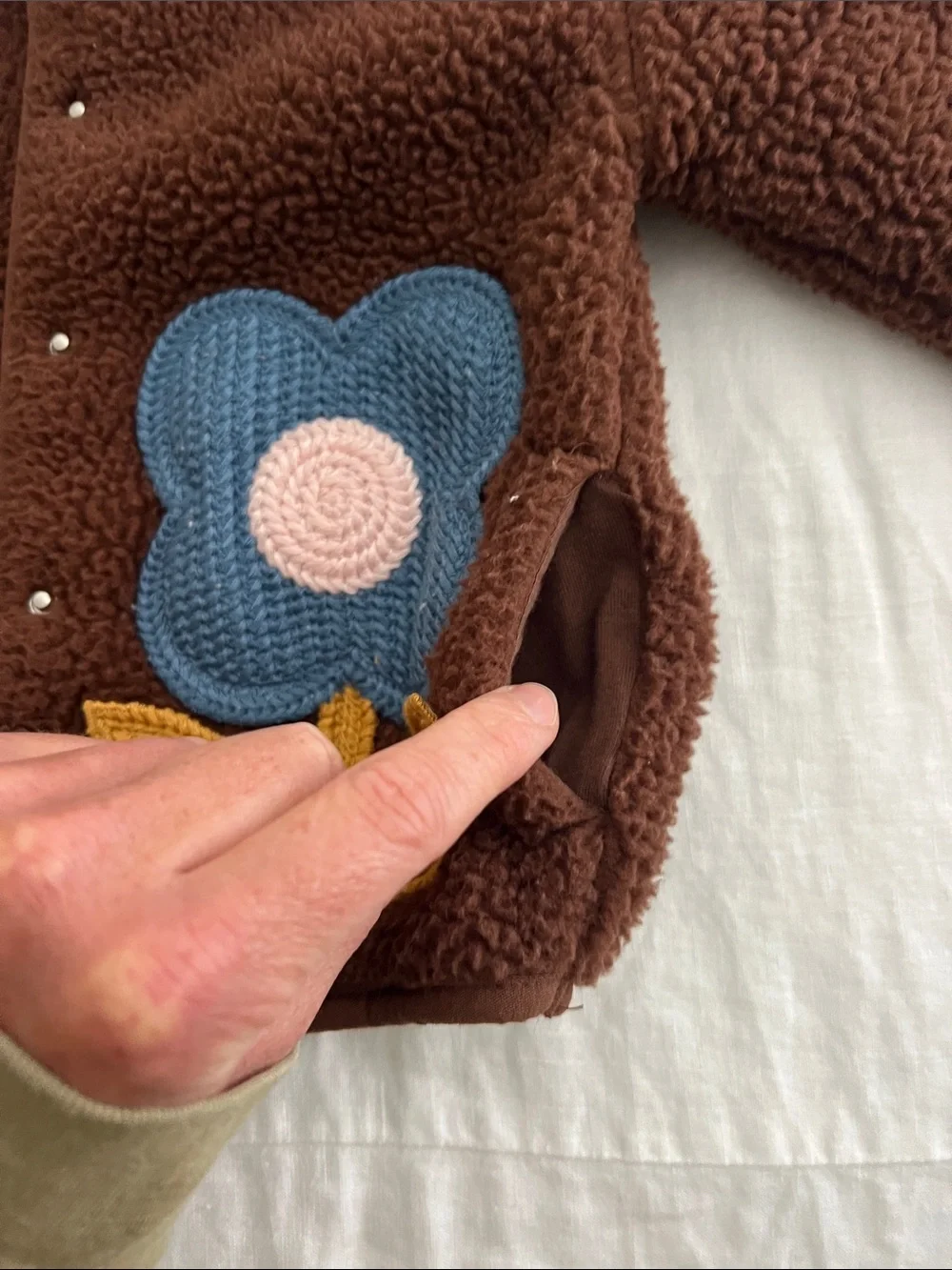 Girls' Brown Sherpa Jacket with Blue Flower Pockets
